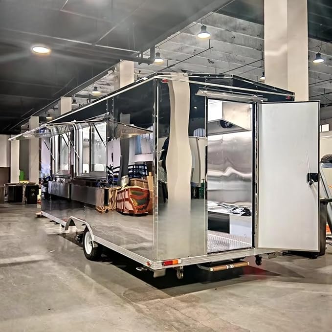 Fully Equipped Food Trailer for Sale, Mirror Stainless Steel Concession Food Truck for Hamburger Pizza BBQ Hot Dog Ice Cream Coffee, Ideal for Festivals Street Catering & Commercial